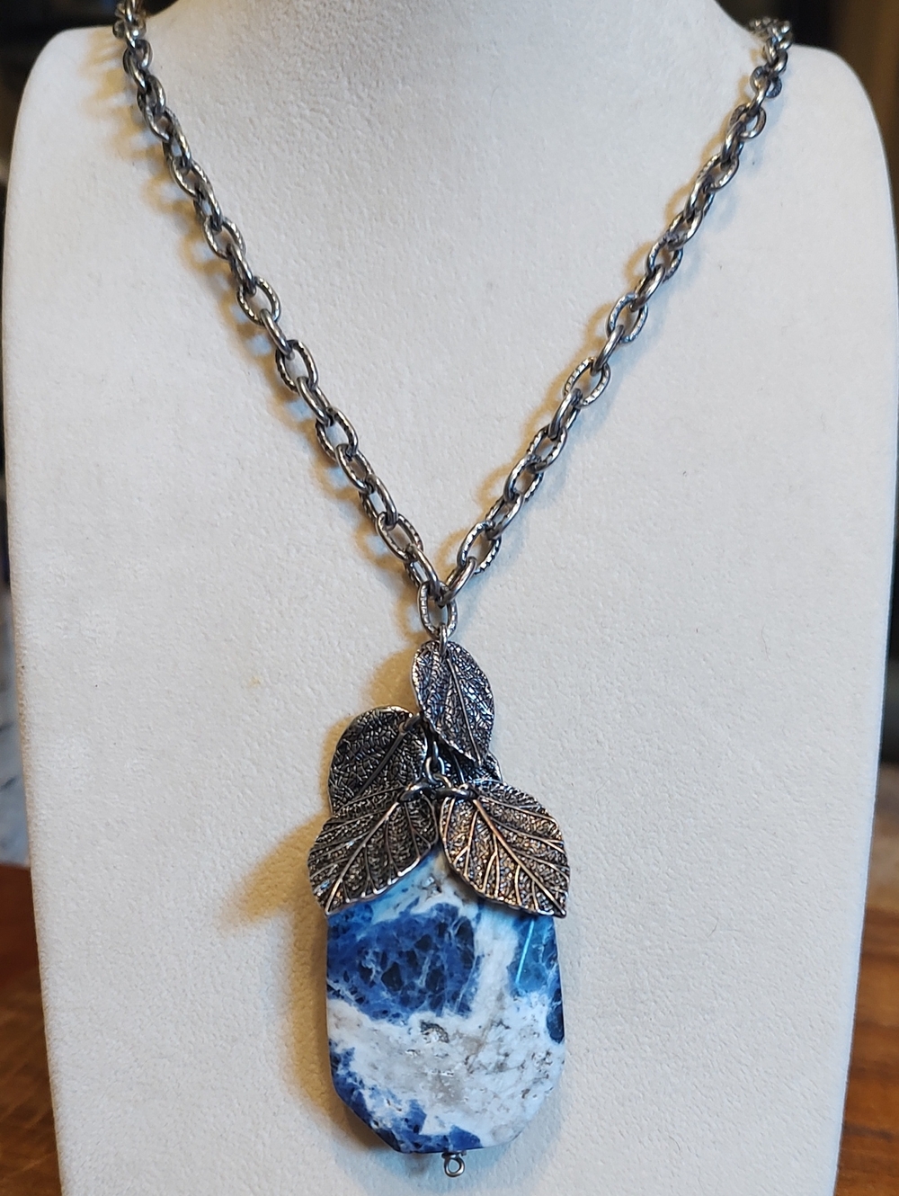 Sodalite Pendant Necklace With Silver Leaf Accents 36Inches  Can Be Worn Doubled